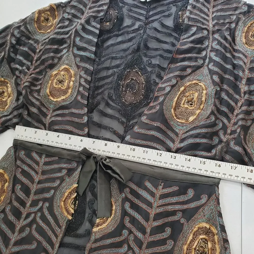 Elegant Black and Gold Beaded Women's Jacket with Peacock Feather Pattern - Picture 7 of 10